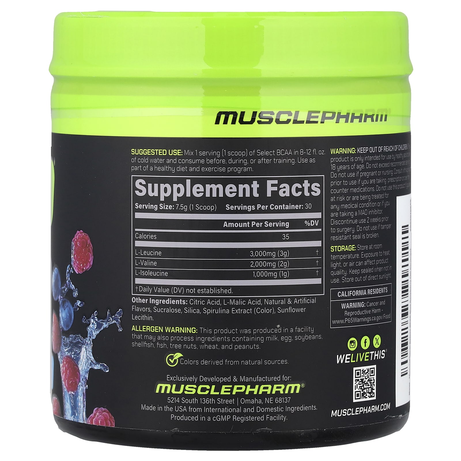 BCAA MusclePharm Select, вкус Blue Raspberry, 225 г — фото 2