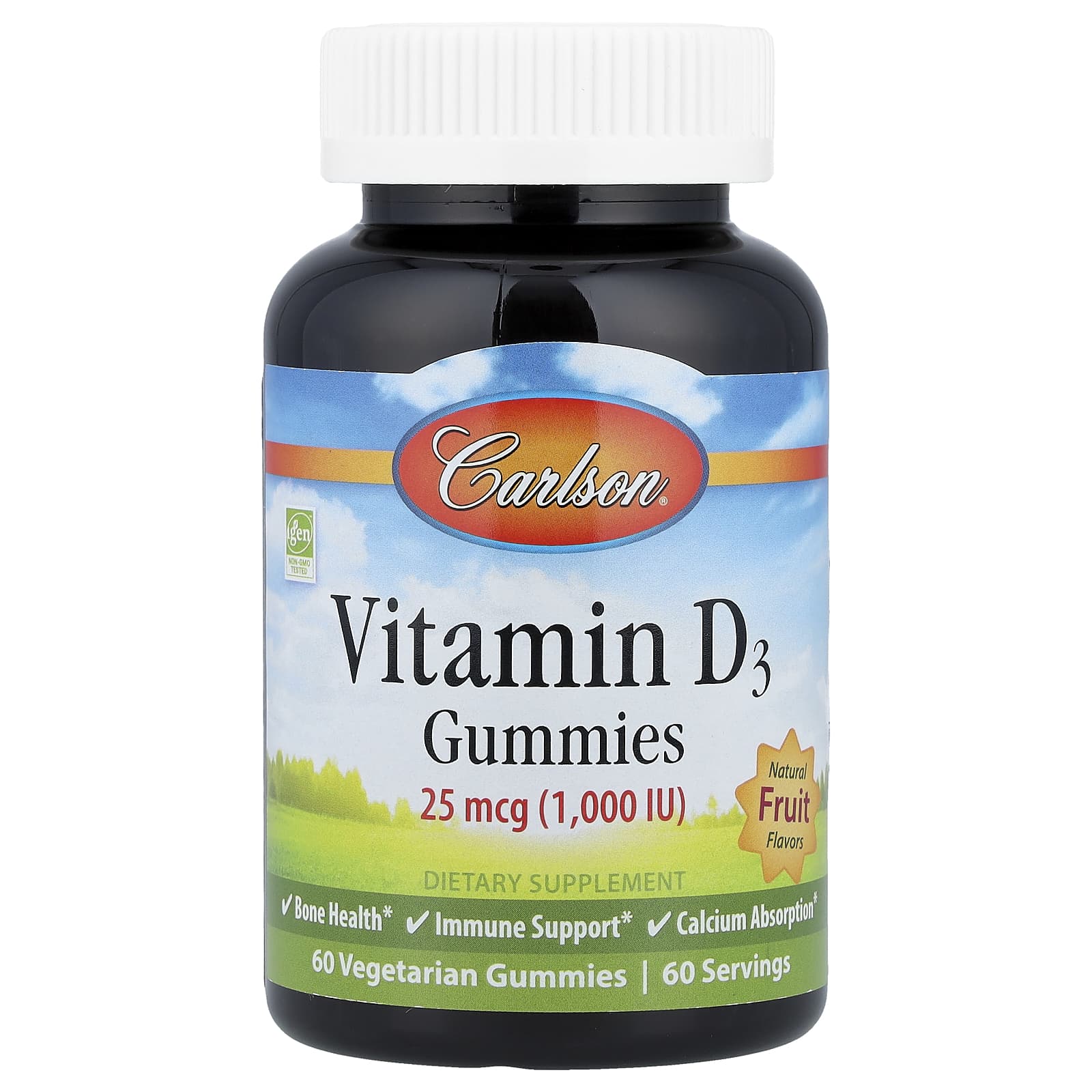 Витамин D3 Carlson Gummies Natural Fruit 60 Vegetarian Gummies, 25 мкг (1000 МЕ), жевательные пастилки