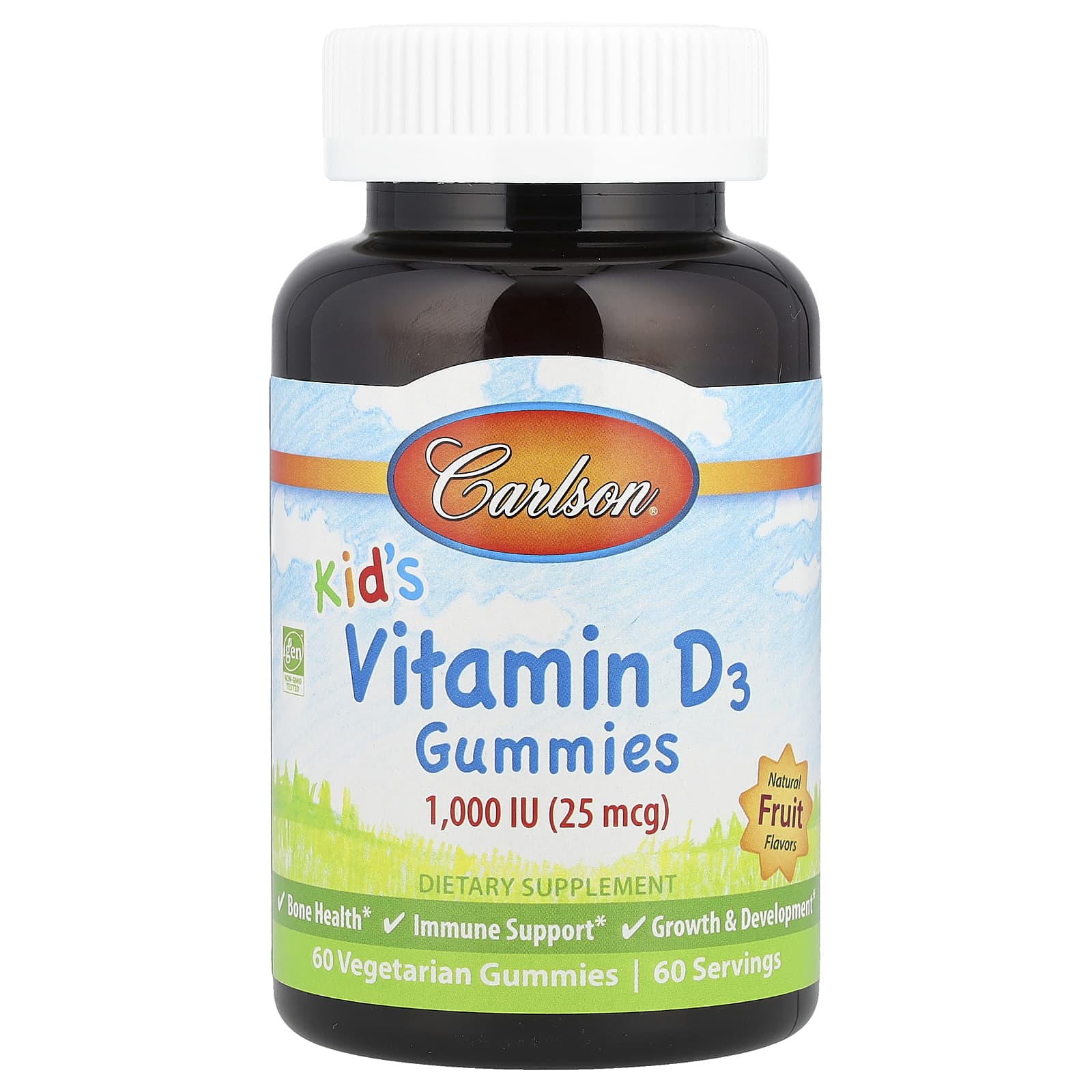 Витамин D3 Carlson Gummies Natural Fruit 60 Vegetarian Gummies, 25 мкг (1000 МЕ), жевательные пастилки