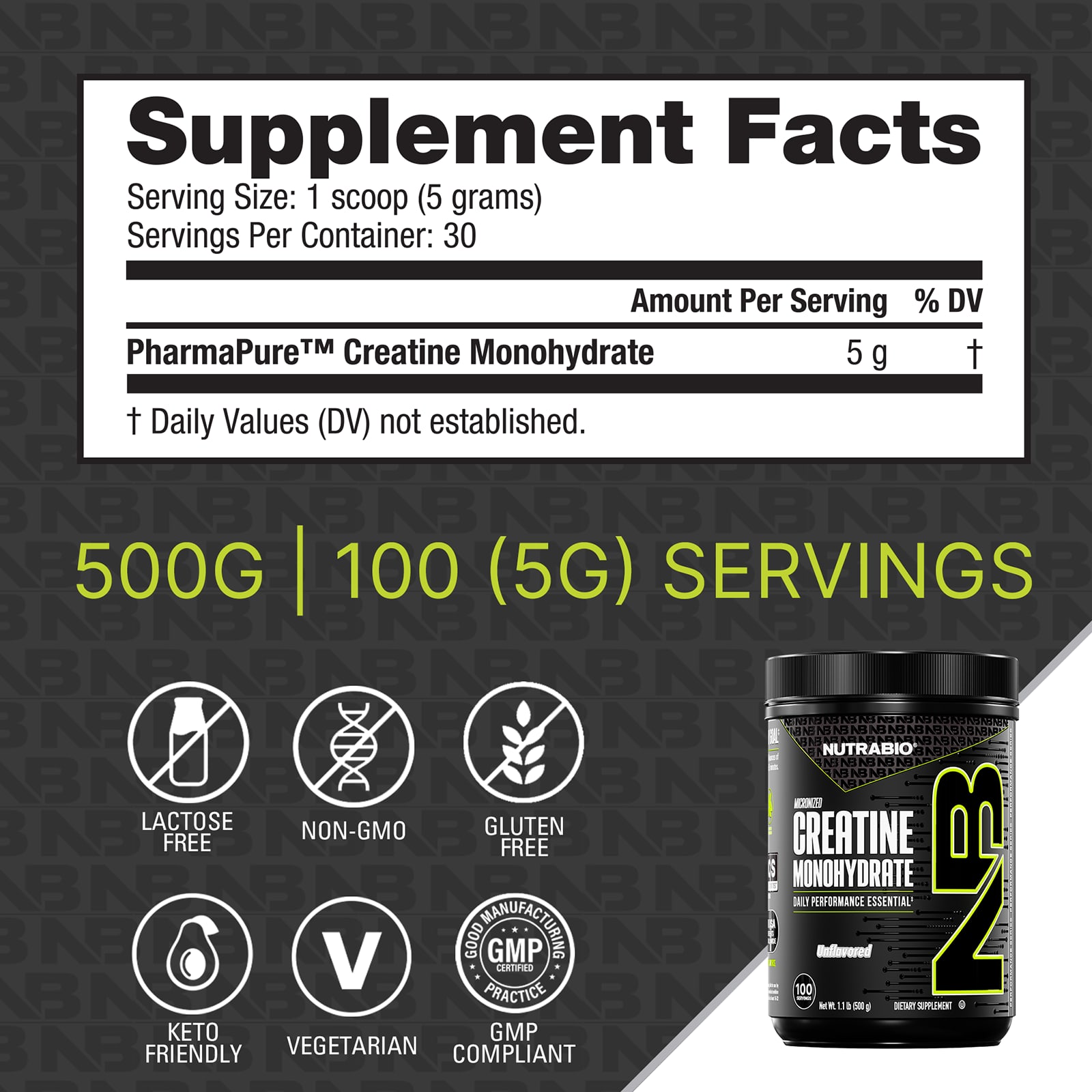 Креатин моногидрат NutraBio Micronized, без вкуса, 500 г, 1.