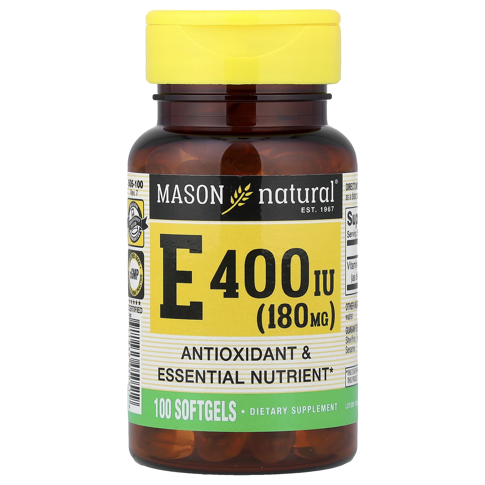 Витамин E Mason Natural, 400 МЕ, 180 мг, 100 мягких капсул