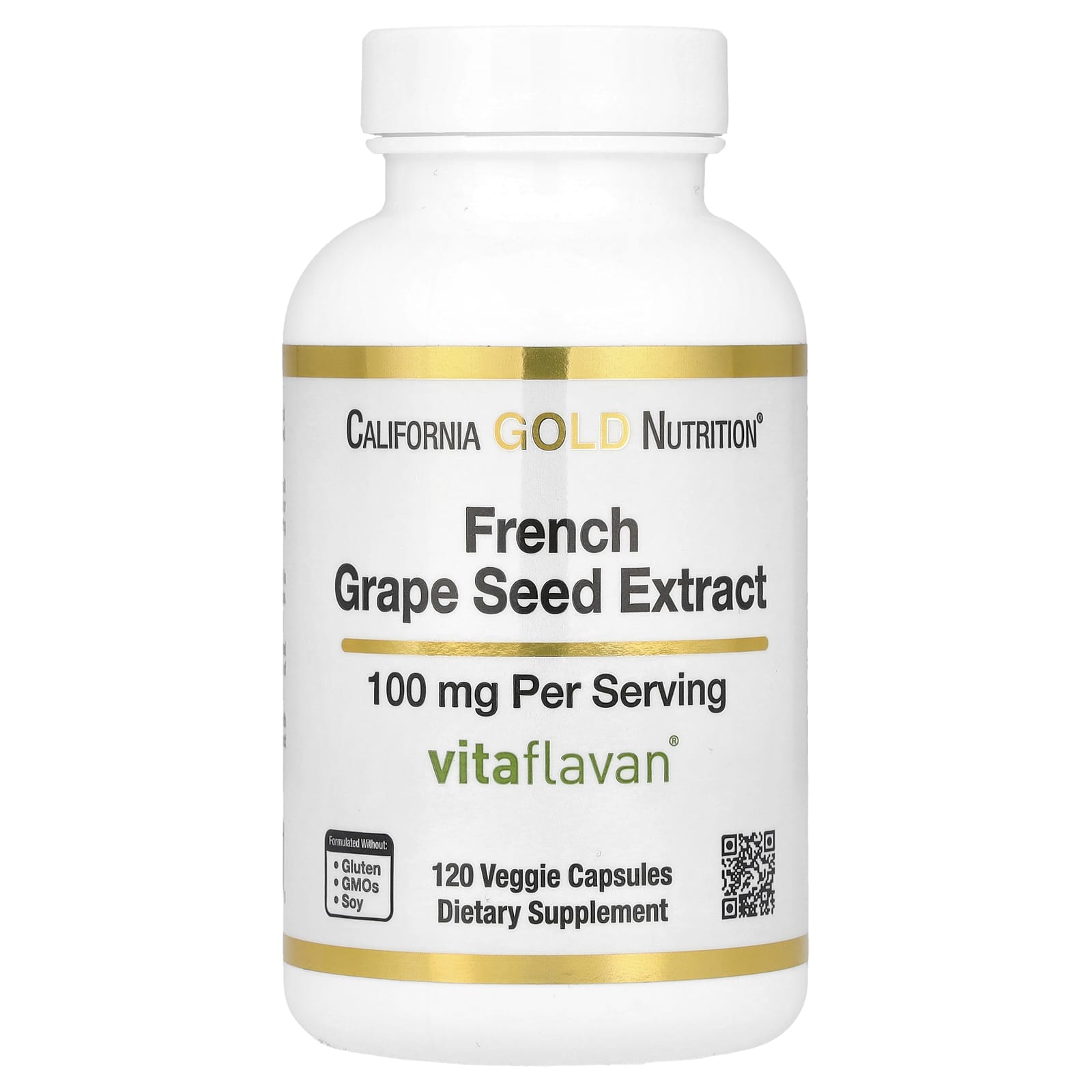Экстракт виноградных косточек California Gold Nutrition Vitaflavan®, вкус French Grape Seed Extract, 100 мг, 120 растительных капсул