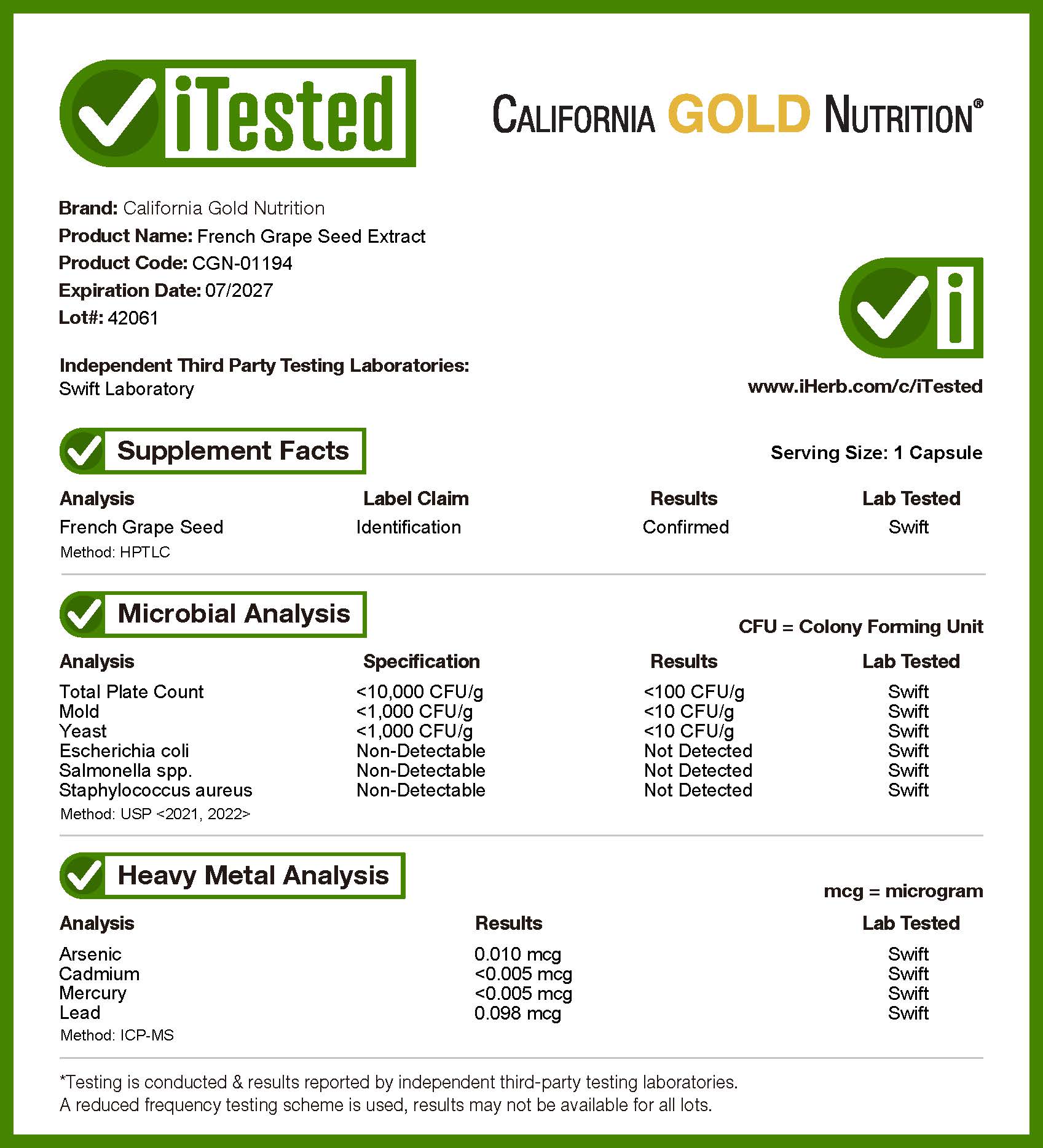 Экстракт виноградных косточек California Gold Nutrition Vitaflavan®, вкус French Grape Seed Extract, 100 мг, 120 растительных капсул — фото 4