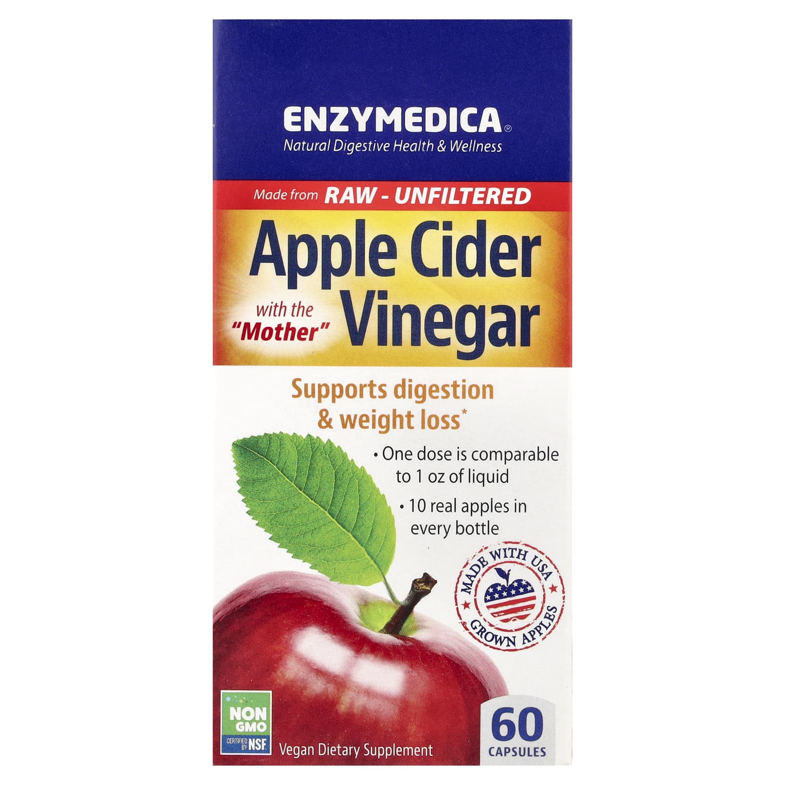 Яблочный уксус Enzymedica, вкус Apple Cider Vinegar with the Mother, 355 мг, 60 капсул — фото 2