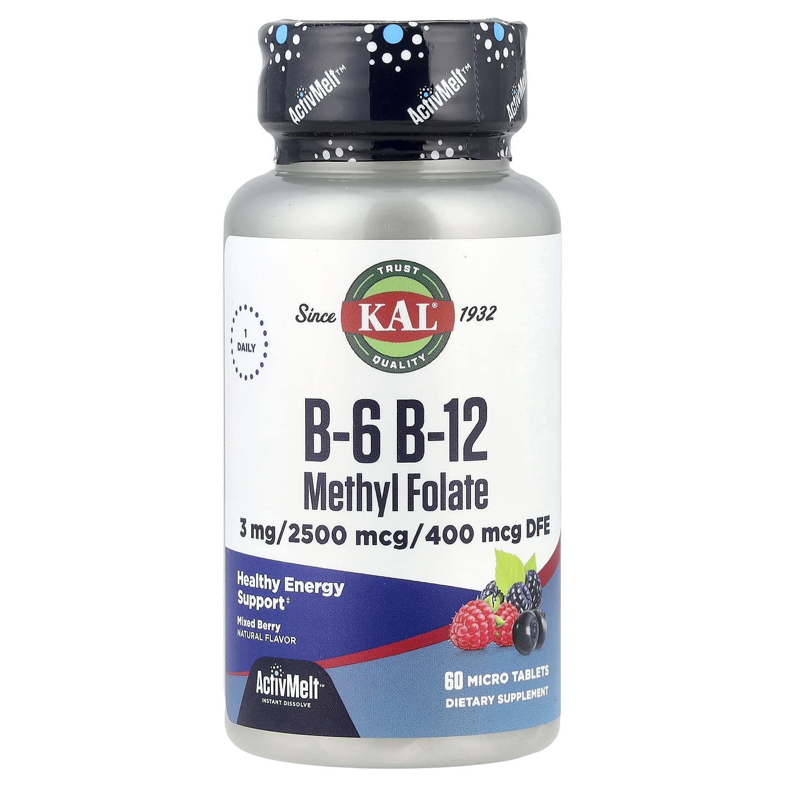 Фолат KAL B-6 B-12 Methyl 60 Micro Tablets, вкус Mixed Berry, таблетки