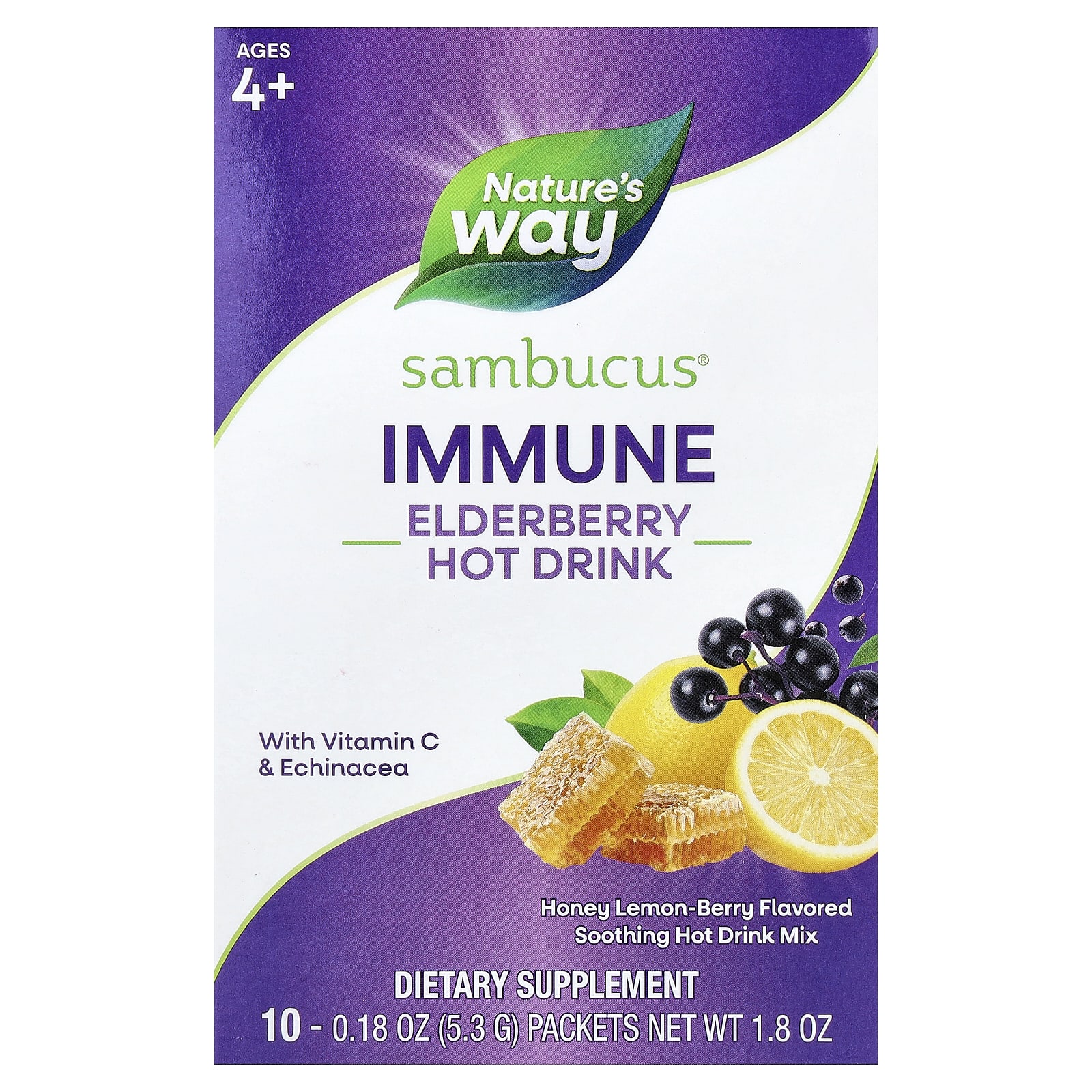 Бузина Nature's Way Sambucus® Immune Hot Drink Honey Lemon-Berry, оттенок 10 Packets, для детей от 4 лет, 5.3 г, саше — фото 2