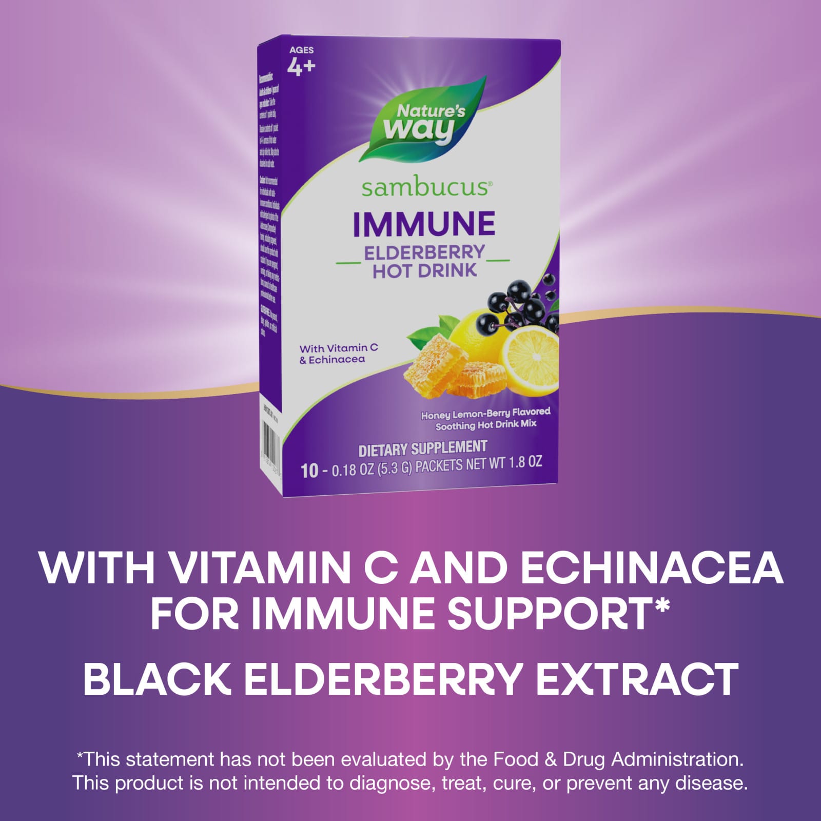 Бузина Nature's Way Sambucus® Immune Hot Drink Honey Lemon-Berry, оттенок 10 Packets, для детей от 4 лет, 5.3 г, саше — фото 6