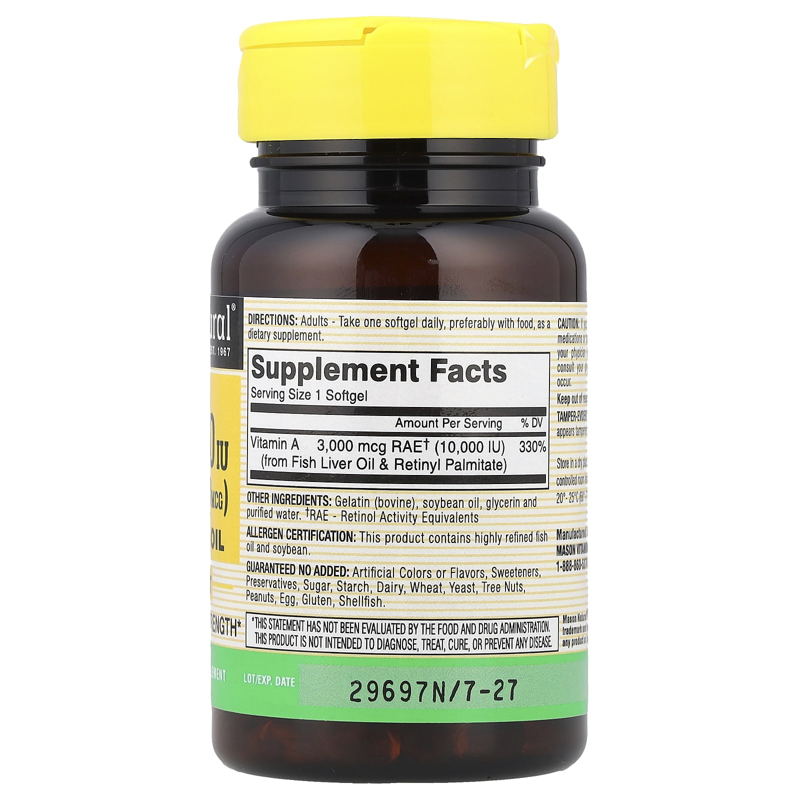 Витамин A Mason Natural from Fish Liver Oil ( ), 3000 мкг (10000 МЕ), 100 мягких капсул — фото 2
