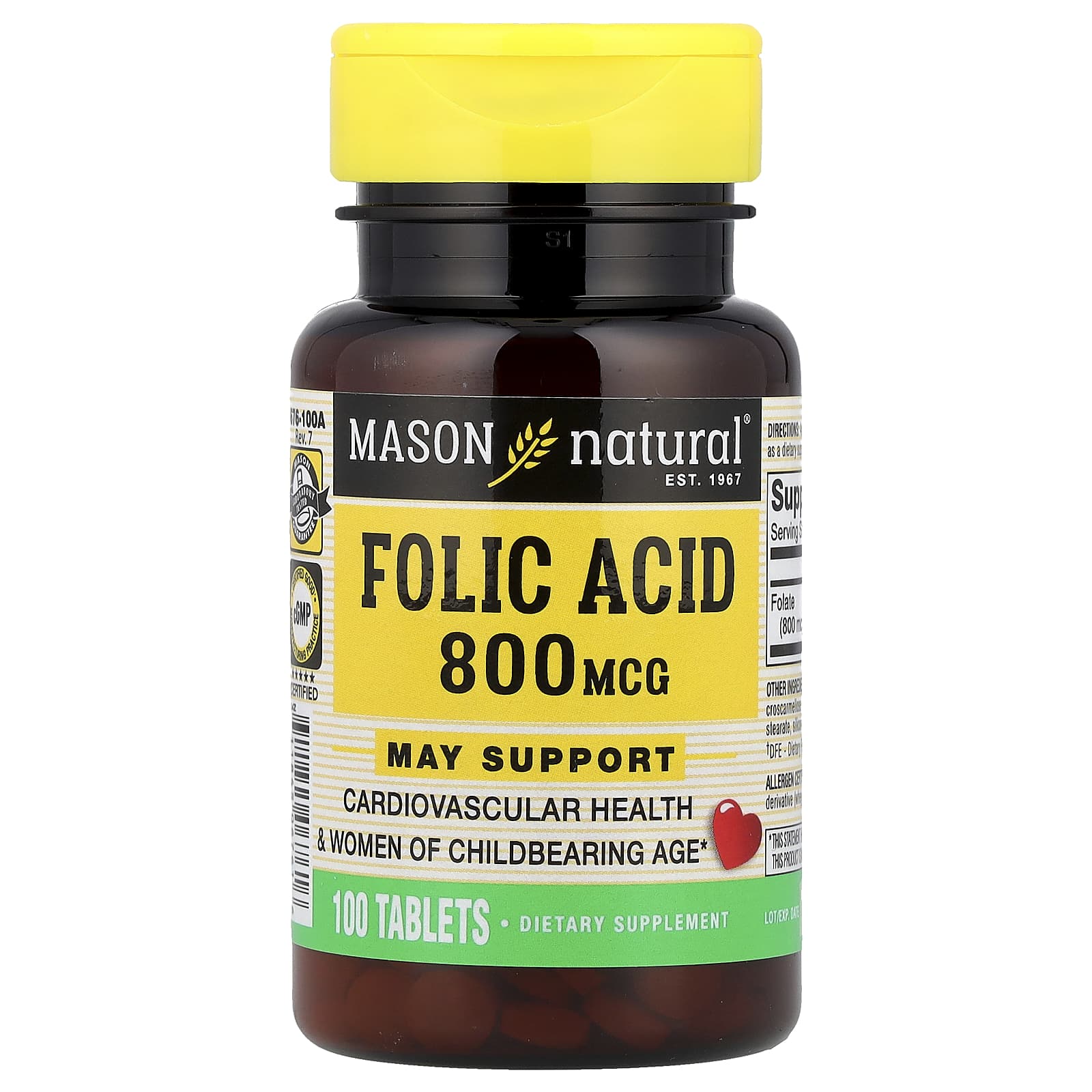 Фолиевая кислота Mason Natural, 800 мкг, 100 таблеток