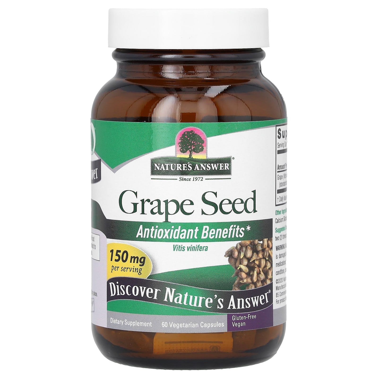 Виноградные косточки Nature's Answer, вкус Grape Seed, 150 мг, 60 растительных капсул