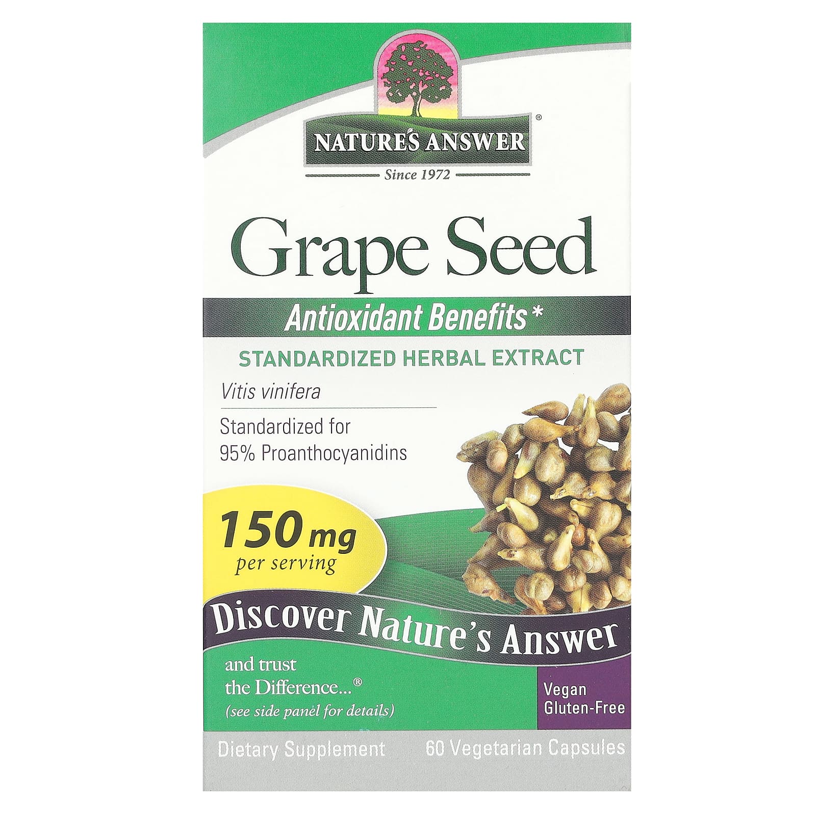 Виноградные косточки Nature's Answer, вкус Grape Seed, 150 мг, 60 растительных капсул — фото 2