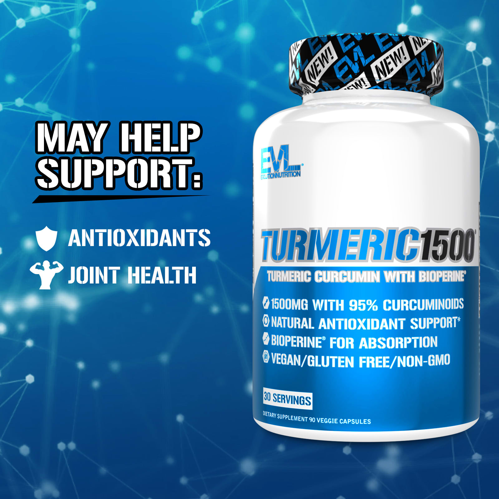 Куркумин EVLution Nutrition Turmeric 1500® Turmeric with BioPerine®, 90 растительных капсул