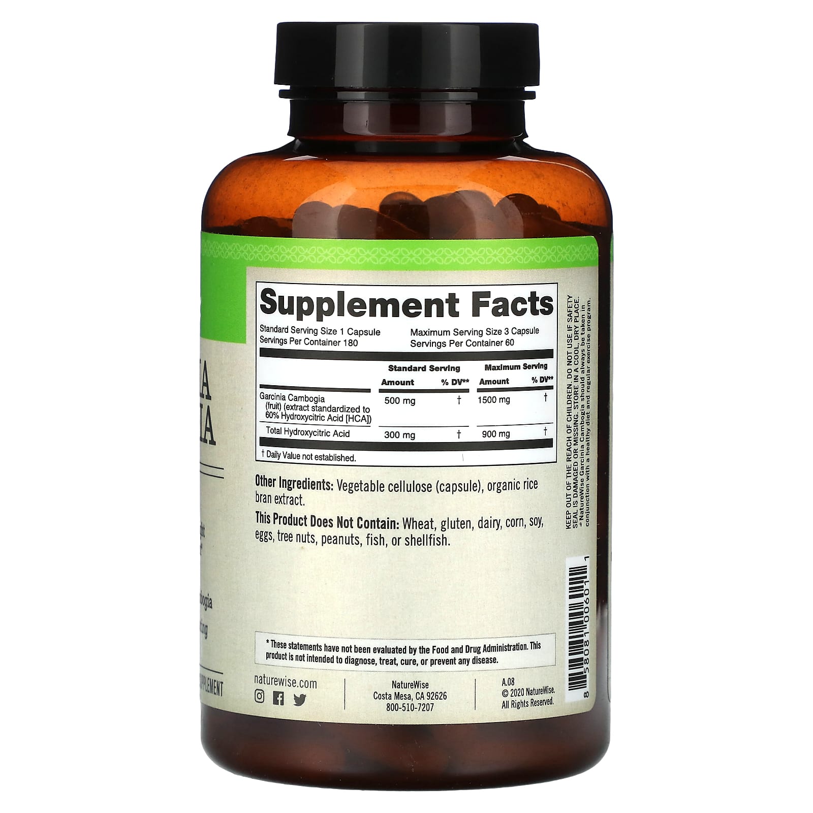 Гарциния Камбоджийская NatureWise, 180 вегетарианских капсул — фото 2