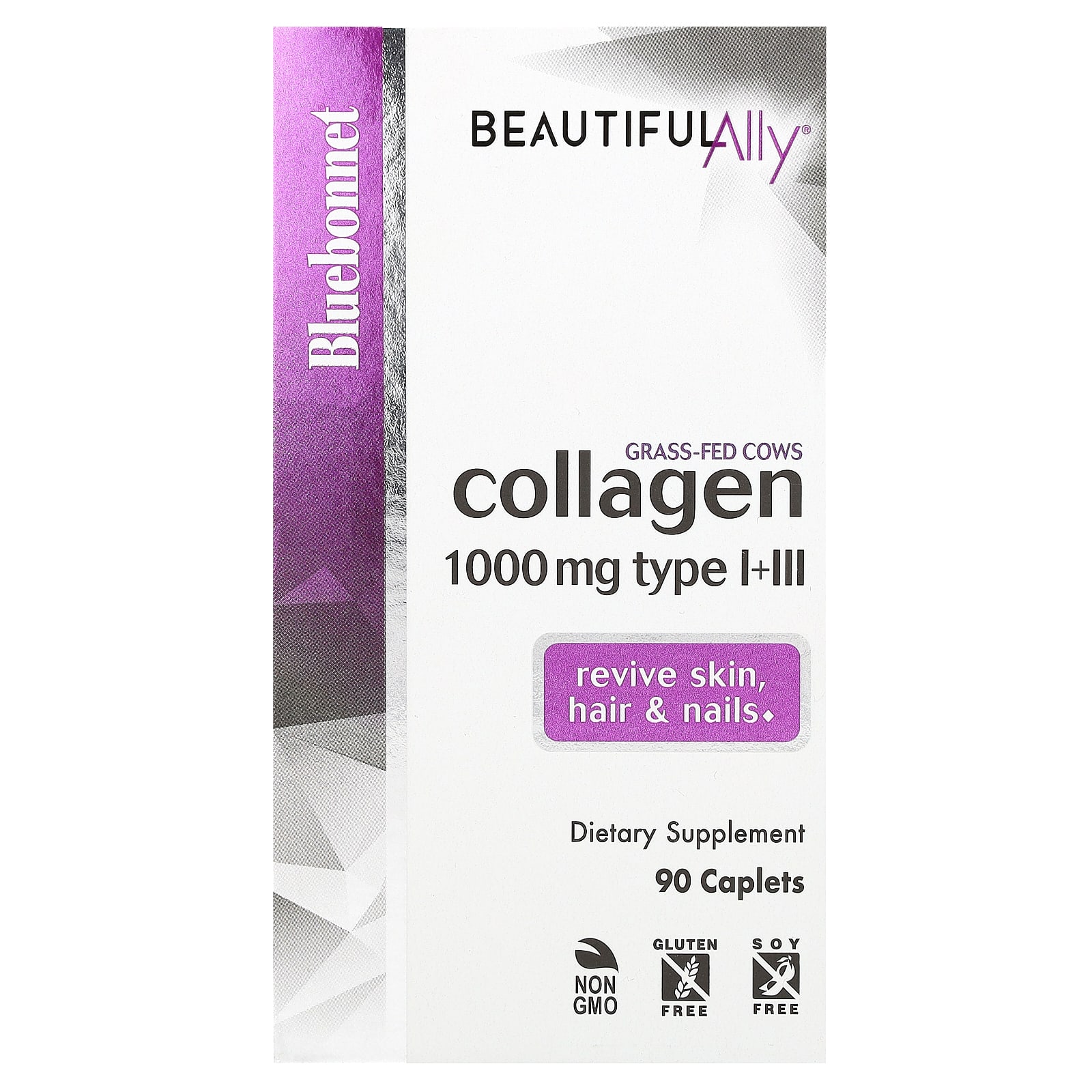 Коллаген Bluebonnet Nutrition Beautiful Ally® Type I III, оттенок 90 Caplets, 1000 мг