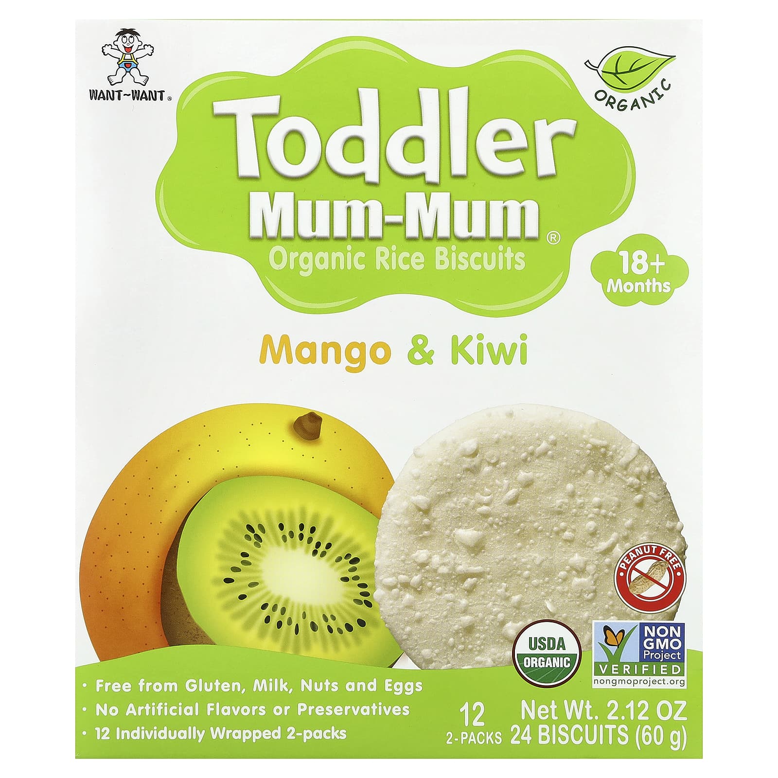 Рис Hot Kid Toddler Mum-Mum® Organic Biscuits 18+ Months, вкус Mango & Kiwi, 12 пакетов, 2 шт. — фото 2