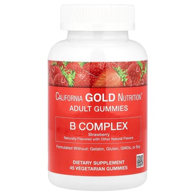 Комплекс витаминов B California Gold Nutrition Gummies with Vitamins B6 and B12 Folate and Biotin 45 Vegetarian Gummies, вкус «клубника», жевательные пастилки