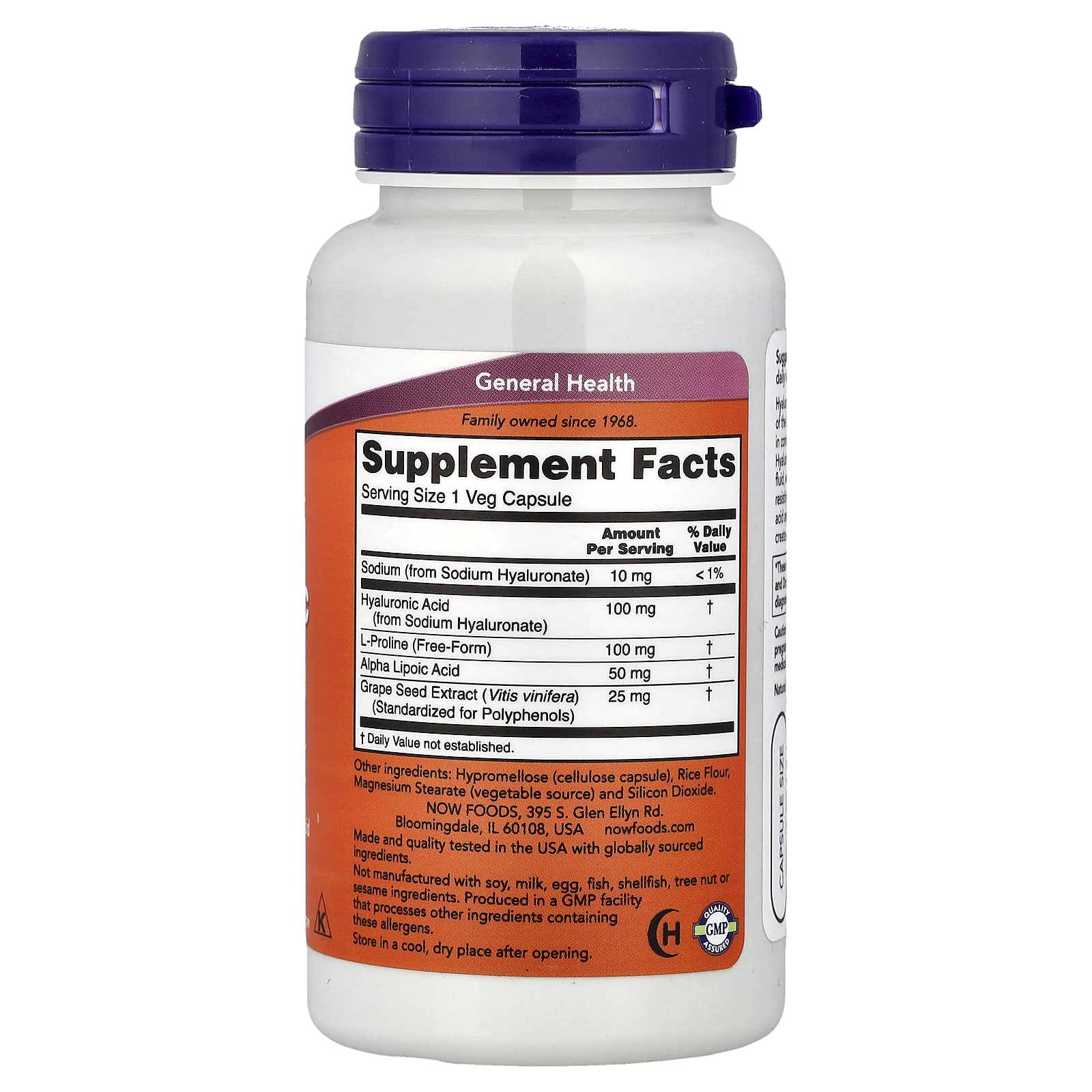 Экстракт виноградных косточек NOW Foods Hyaluronic Acid With L-Proline, вкус Alpha Lipoic Acid and Grape Seed Extract, 100 мг, 60 растительных капсул — фото 2