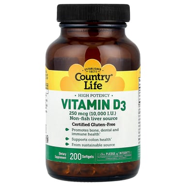 Витамин D3 Country Life High Potency, 250 мкг (10000 МЕ), 200 мягких капсул