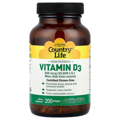 Фото товара: Витамин D3 Country Life High Potency, 250 мкг (10000 МЕ), 200 мягких капсул