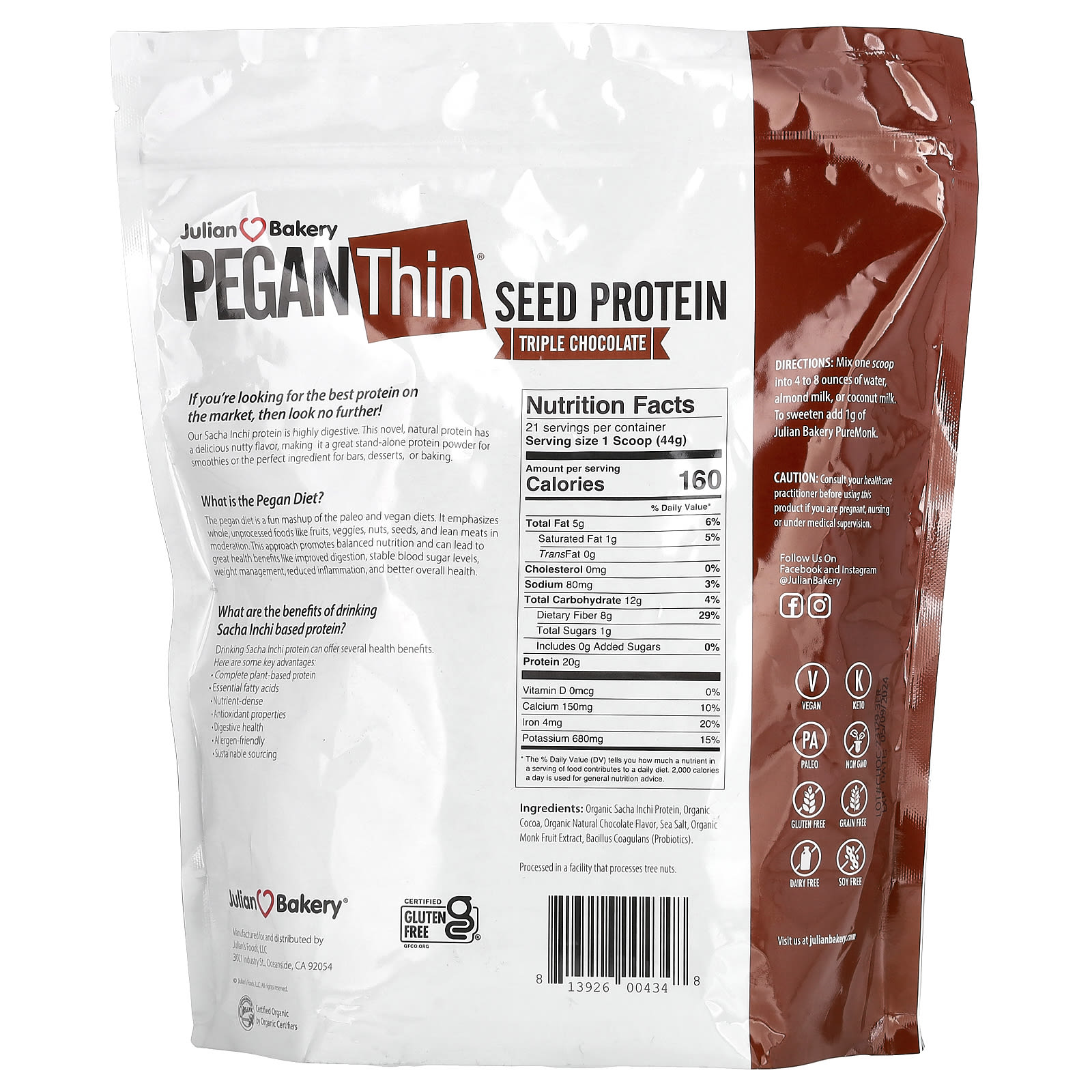 Шоколад Julian Bakery Pegan Thin Seed Protein, вкус Triple Chocolate, 924 г — фото 2