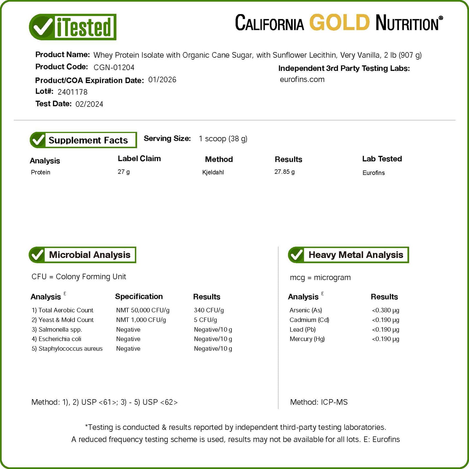 Подсолнечный лецитин California Gold Nutrition Sport Whey Protein Isolate with Organic Cane Sugar, вкус Very Vanilla, 907 г — фото 2