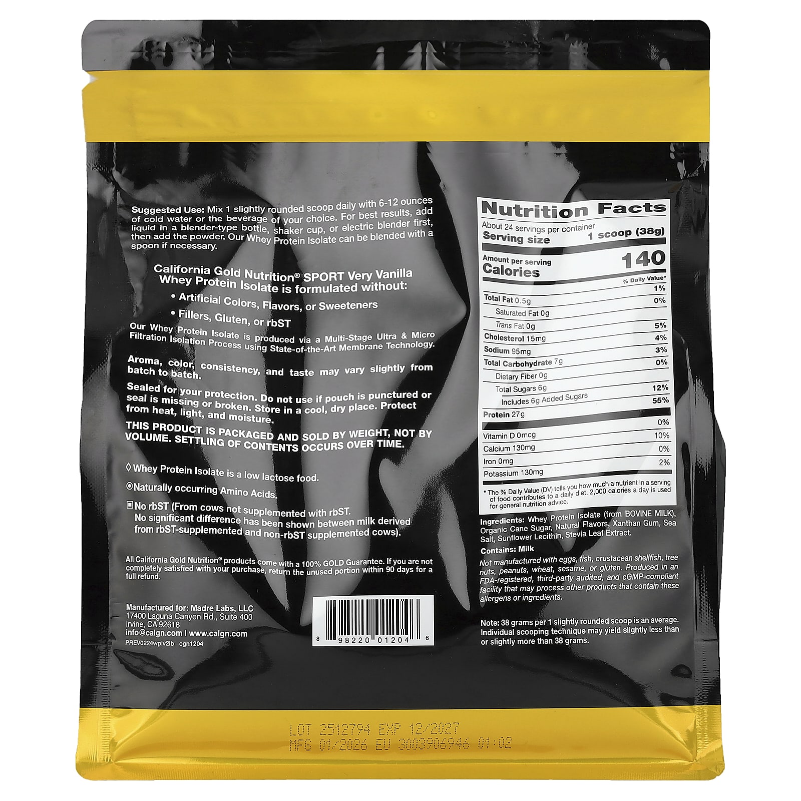 Подсолнечный лецитин California Gold Nutrition Sport Whey Protein Isolate with Organic Cane Sugar, вкус Very Vanilla, 907 г — фото 5