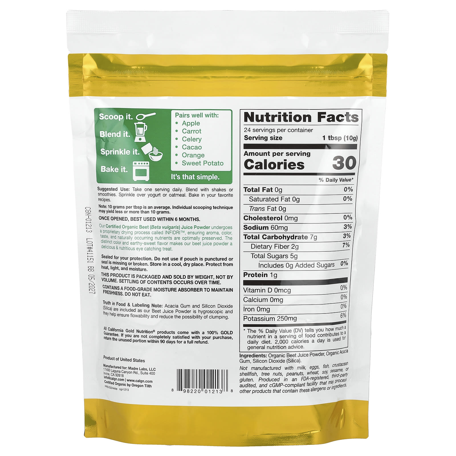 Порошок California Gold Nutrition Superfoods Organic Beet Juice, 240 г — фото 2