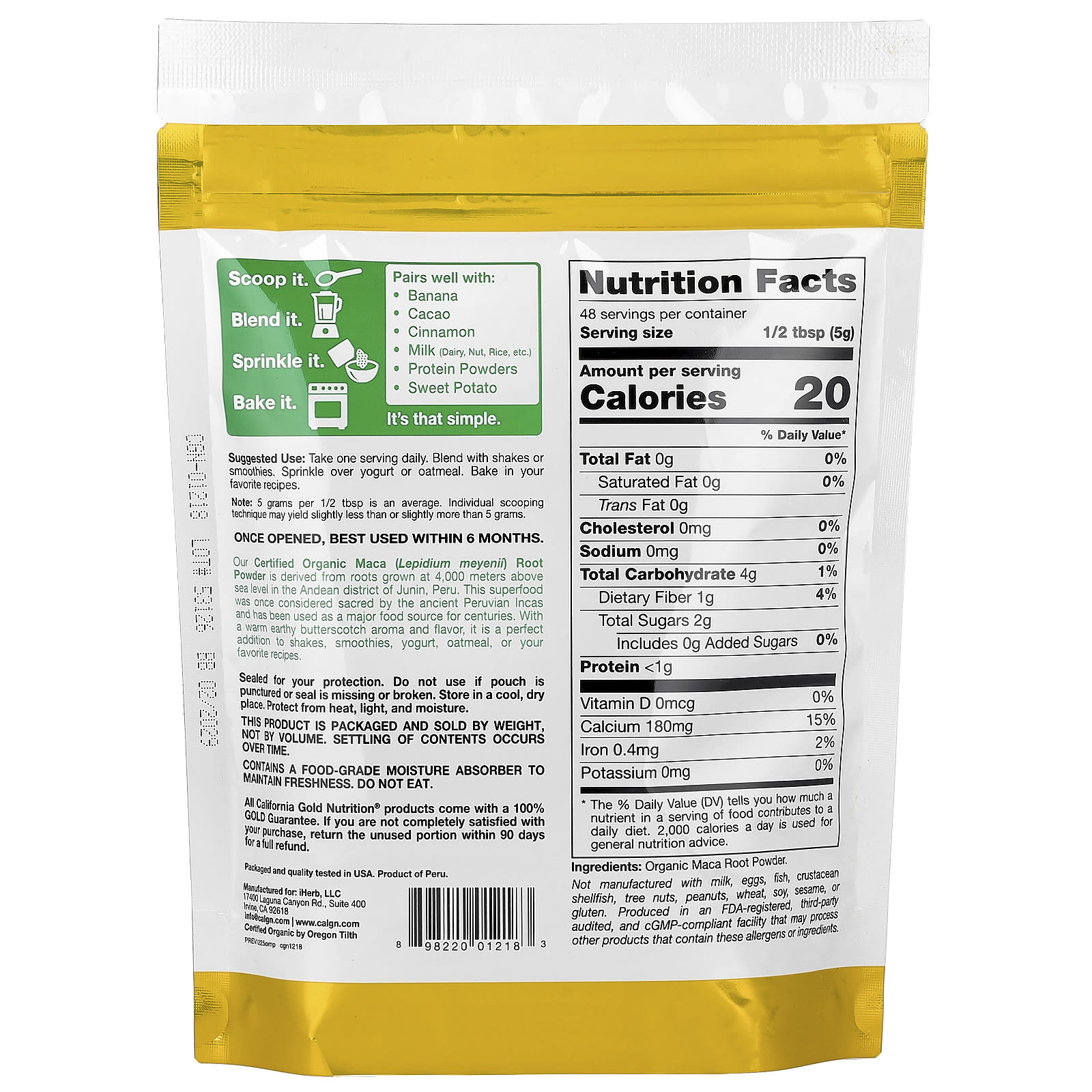 Порошок California Gold Nutrition Superfoods Certified Organic Peruvian Maca Root, 240 г — фото 3