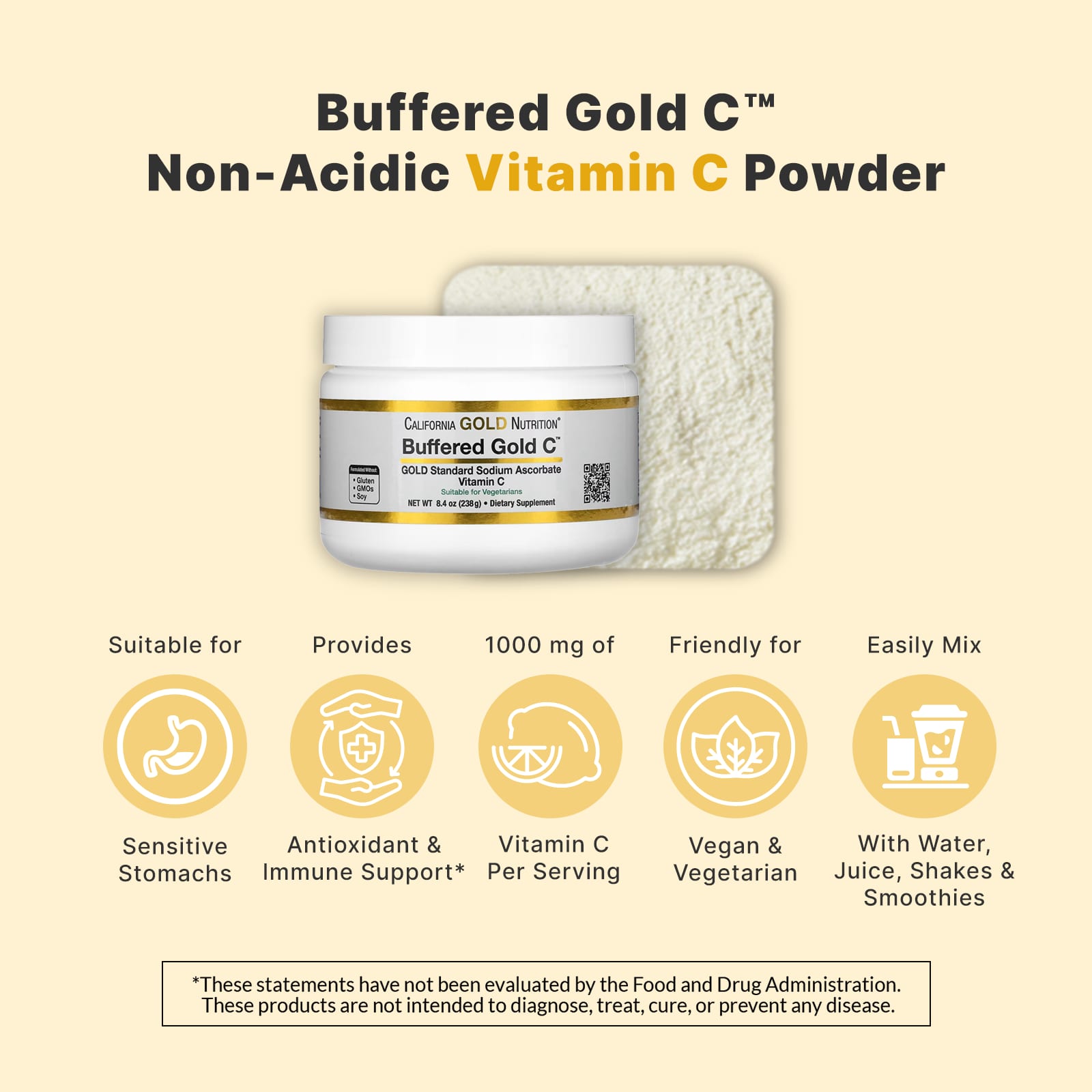 Витамин C California Gold Nutrition Buffered Gold C® Non-Acidic Powder Sodium Ascorbate, 238 г, порошок — фото 2