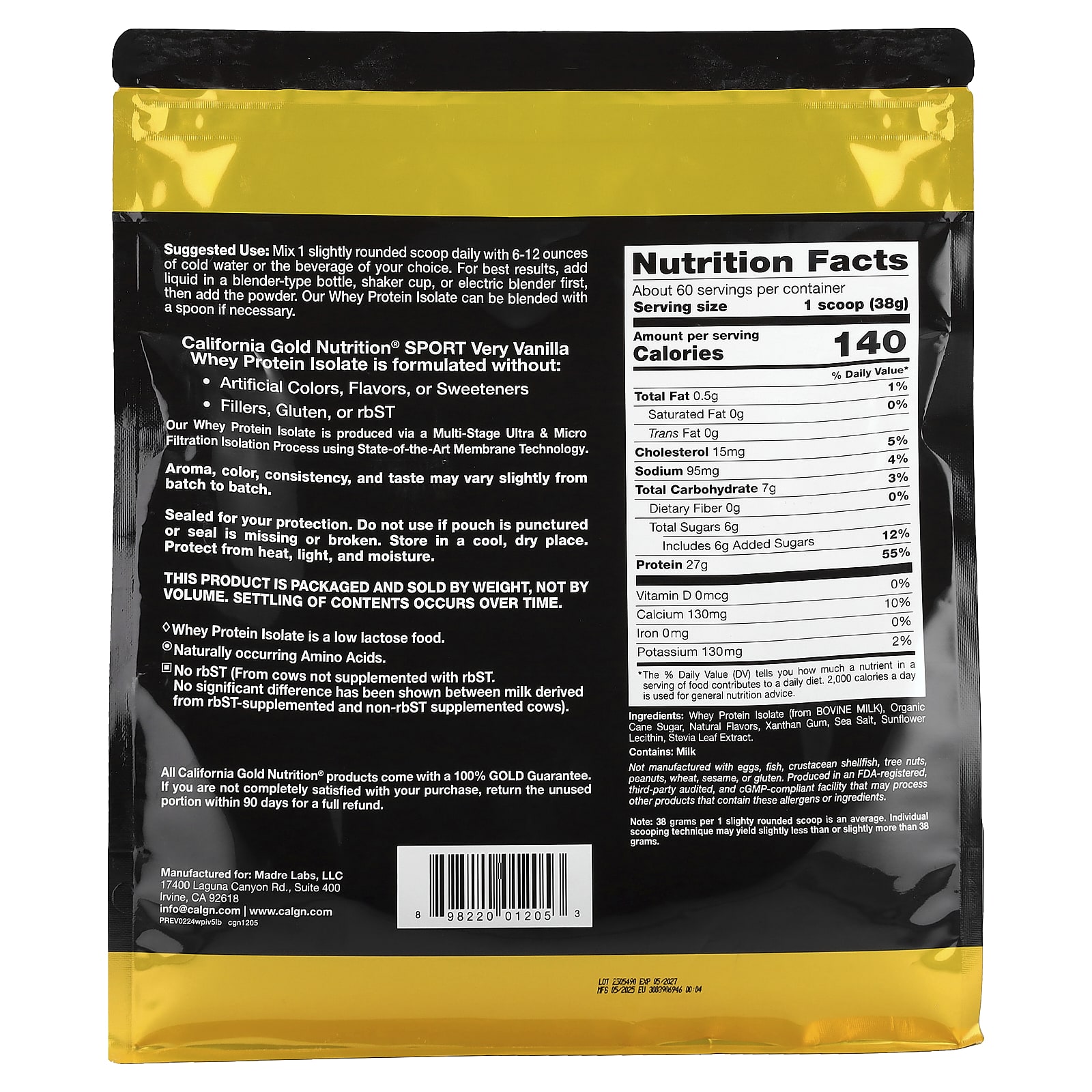 Сывороточный протеин California Gold Nutrition Isolate, вкус Very Vanilla, 2.27 кг — фото 3