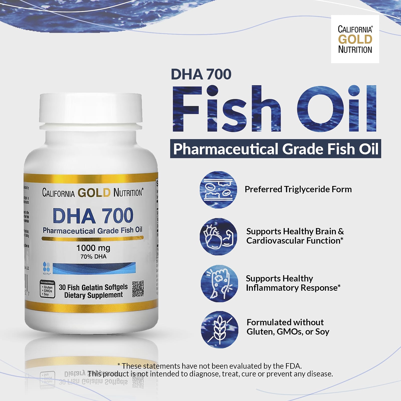 Рыбий жир California Gold Nutrition DHA 700 Ultra-Concentrated 30 Fish Gelatin, 1000 мг, мягкие капсулы — фото 2