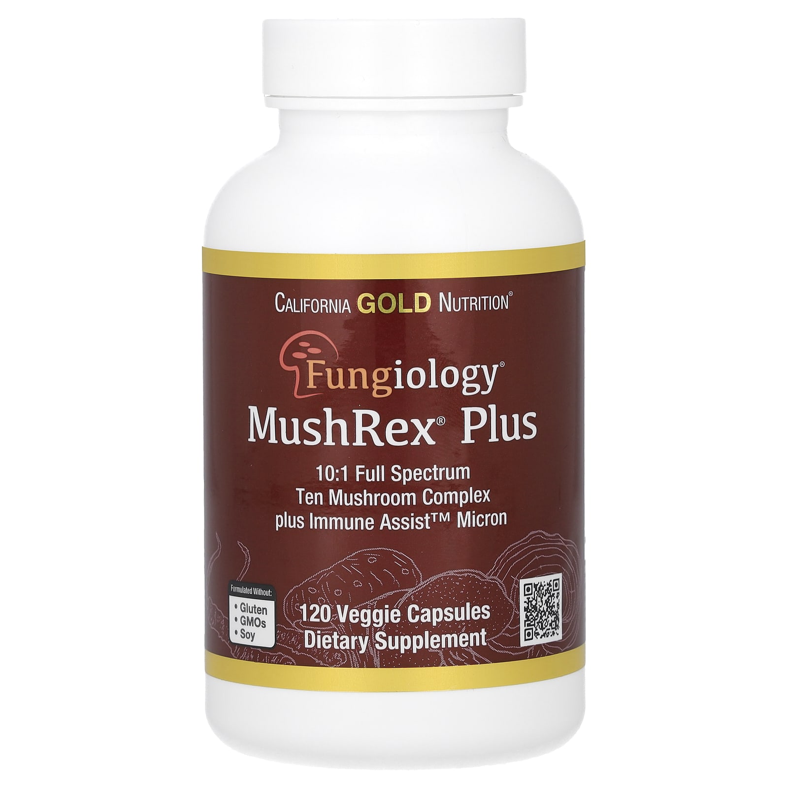Грибной комплекс California Gold Nutrition Fungiology MushRex Plus Full-Spectrum Ten with Agaricus Chaga Cordyceps and Lion's Mane, оттенок 120 Plantcaps — фото 2