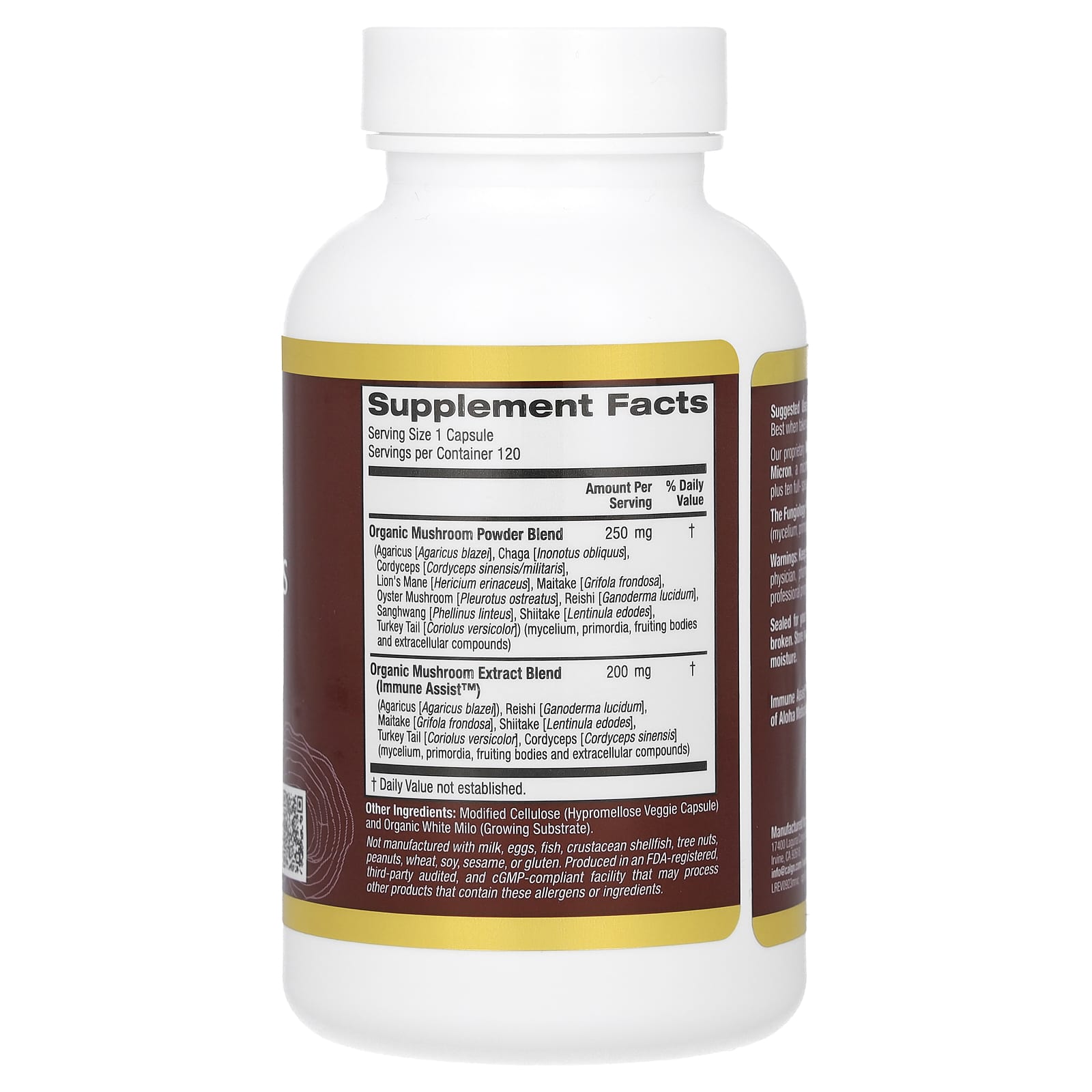 Грибной комплекс California Gold Nutrition Fungiology MushRex Plus Full-Spectrum Ten with Agaricus Chaga Cordyceps and Lion's Mane, оттенок 120 Plantcaps — фото 3