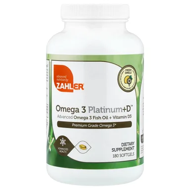 Фото товара: Витамин D3 Zahler Omega 3 Platinum+D™ Advanced Omega 3 Fish Oil, 180 мягких капсул
