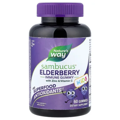 Фото товара: Бузина Nature's Way Sambucus® Immune Gummy with Zinc & Vitamin C, бузина, для детей от 2 лет, 60 жевательных пастилок