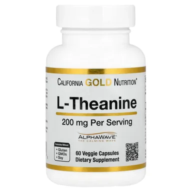 Фото товара: L-теанин California Gold Nutrition L-Theanine Featuring AlphaWave®, 200 мг, 60 растительных капсул