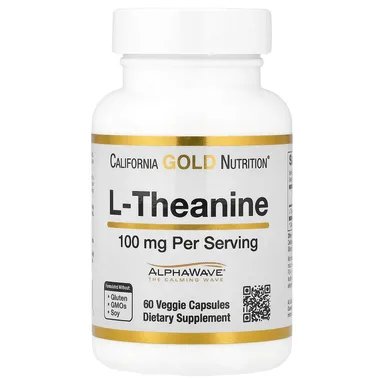 Фото товара: L-теанин California Gold Nutrition L-Theanine Featuring AlphaWave®, 100 мг, 60 растительных капсул