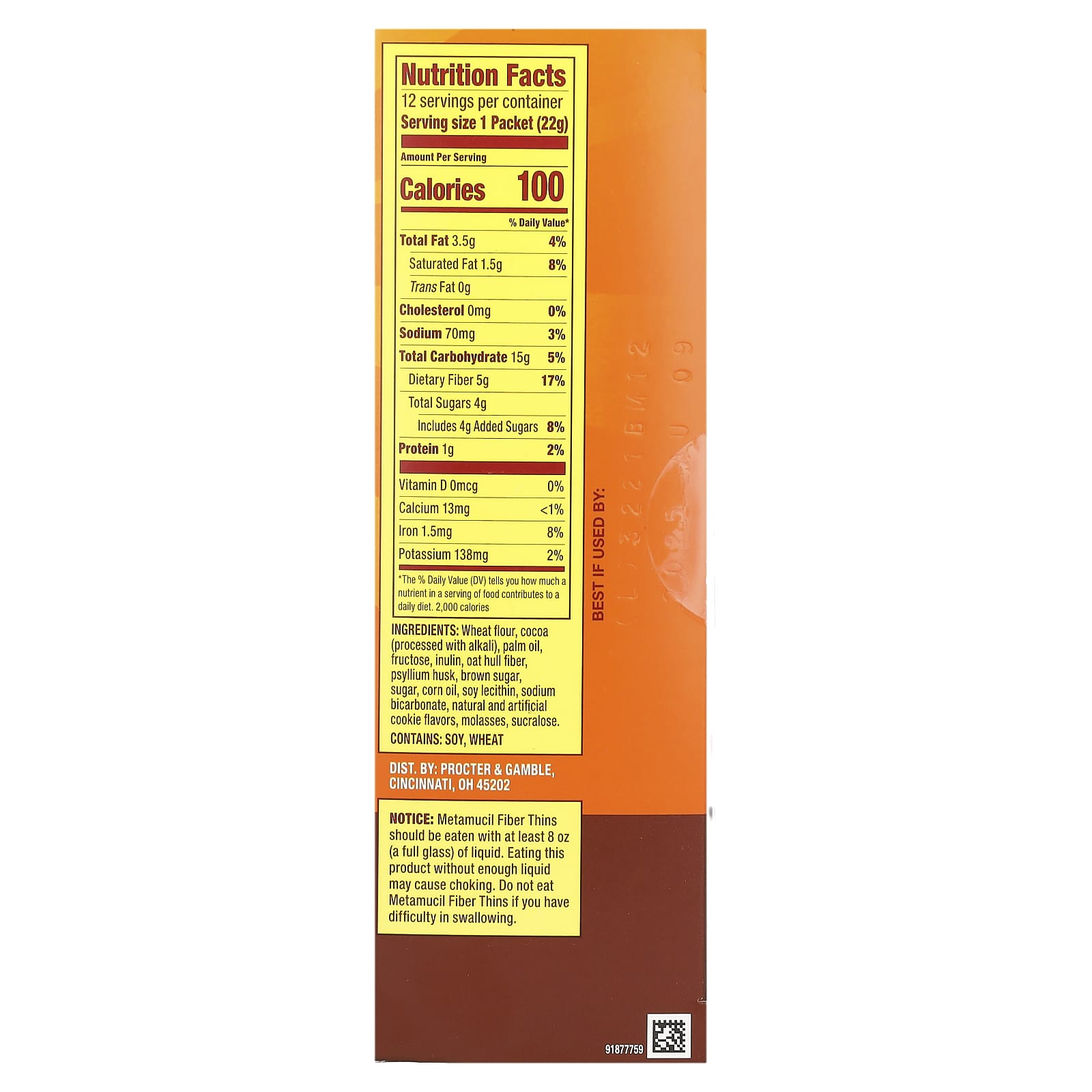 Шоколад Metamucil Fiber Thins, оттенок 12 Packets, 22 г, саше — фото 2