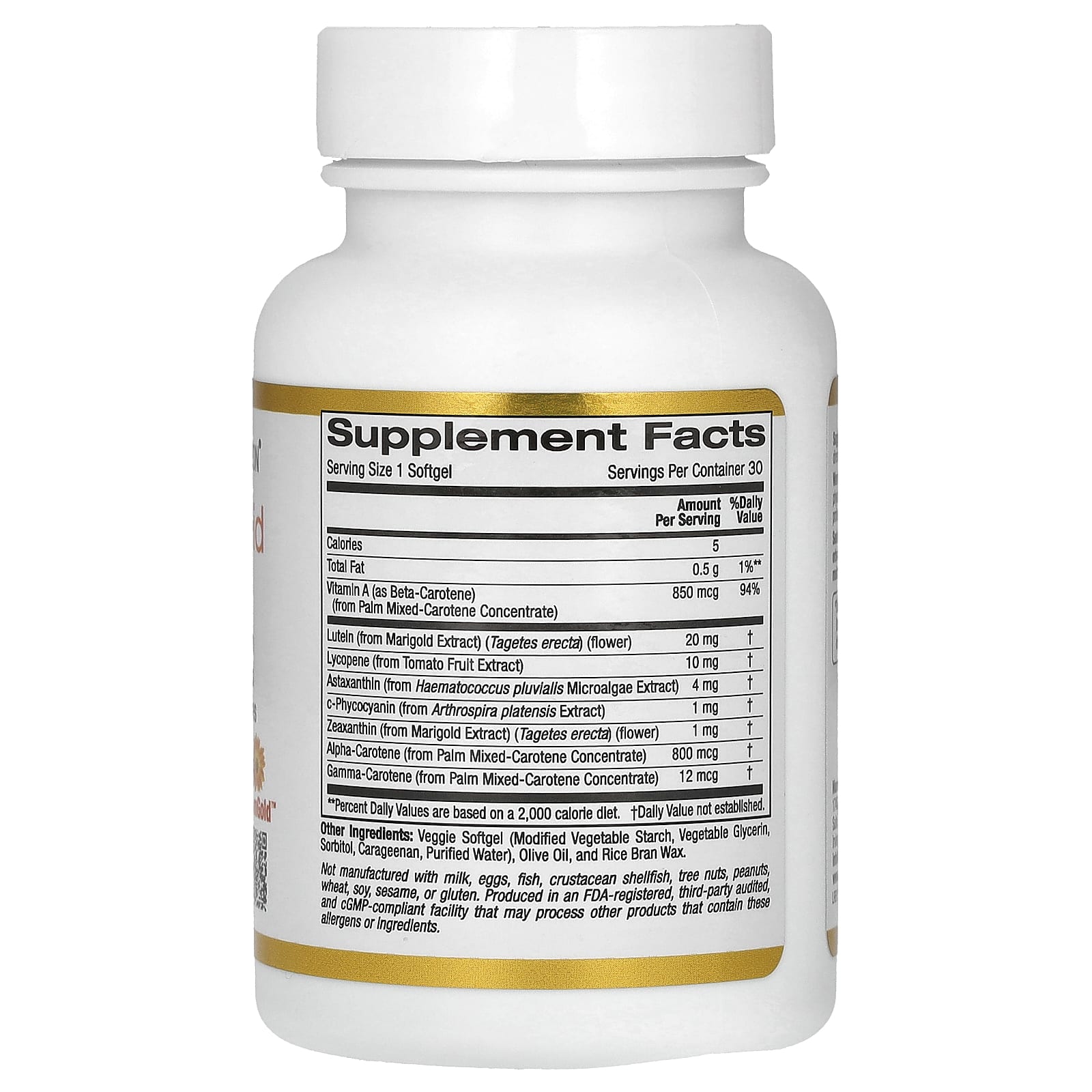 Астаксантин California Gold Nutrition AstaCarotenoid Complex with Lutein and Vitamin A 30 Veggie, оттенок Lycopene, мягкие капсулы — фото 3