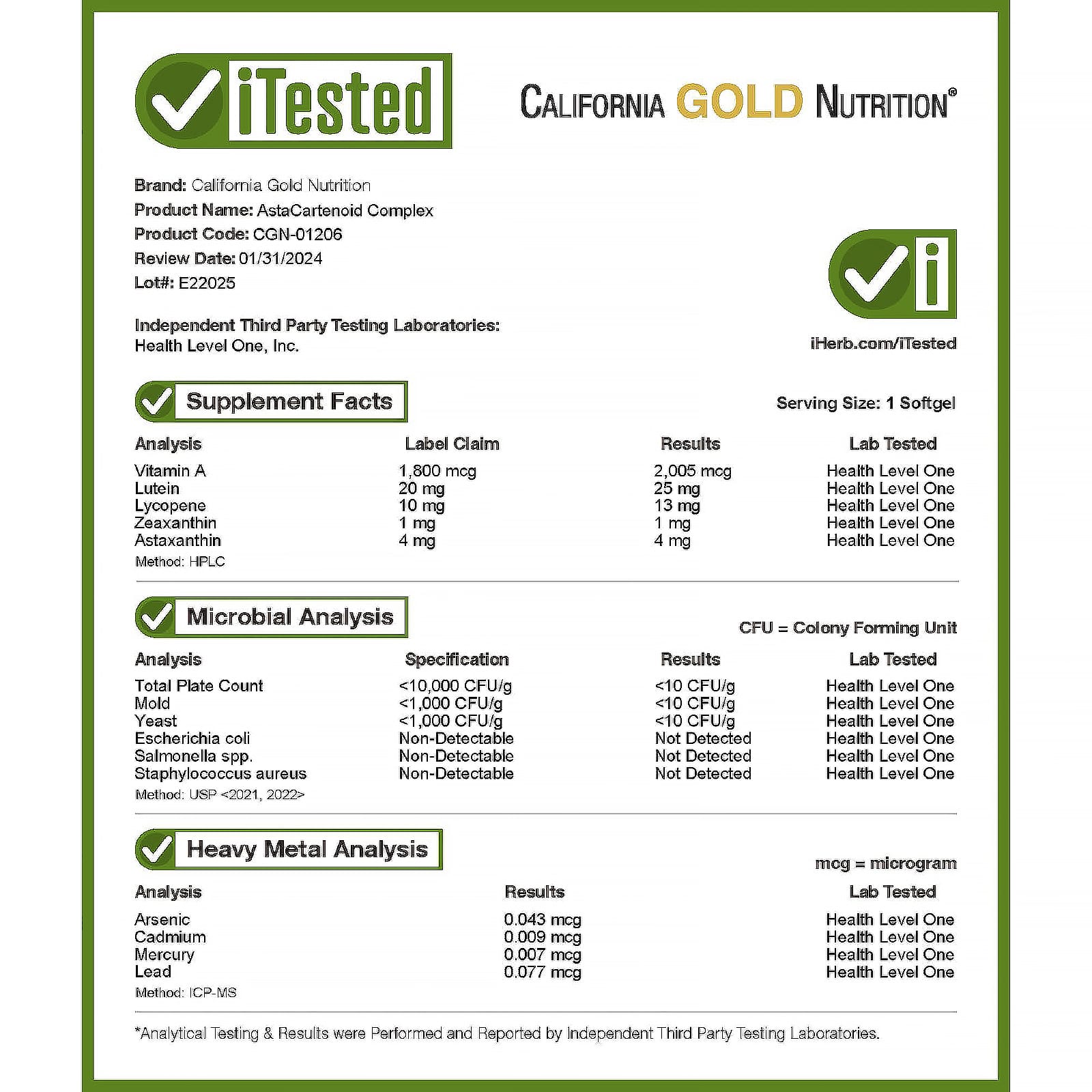 Астаксантин California Gold Nutrition AstaCarotenoid Complex with Lutein and Vitamin A 30 Veggie, оттенок Lycopene, мягкие капсулы — фото 4