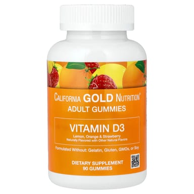 Витамин D3 California Gold Nutrition Gummies Lemon Orange, вкус & Strawberry, 25 мкг, 1000 МЕ, 90 жевательных пастилок