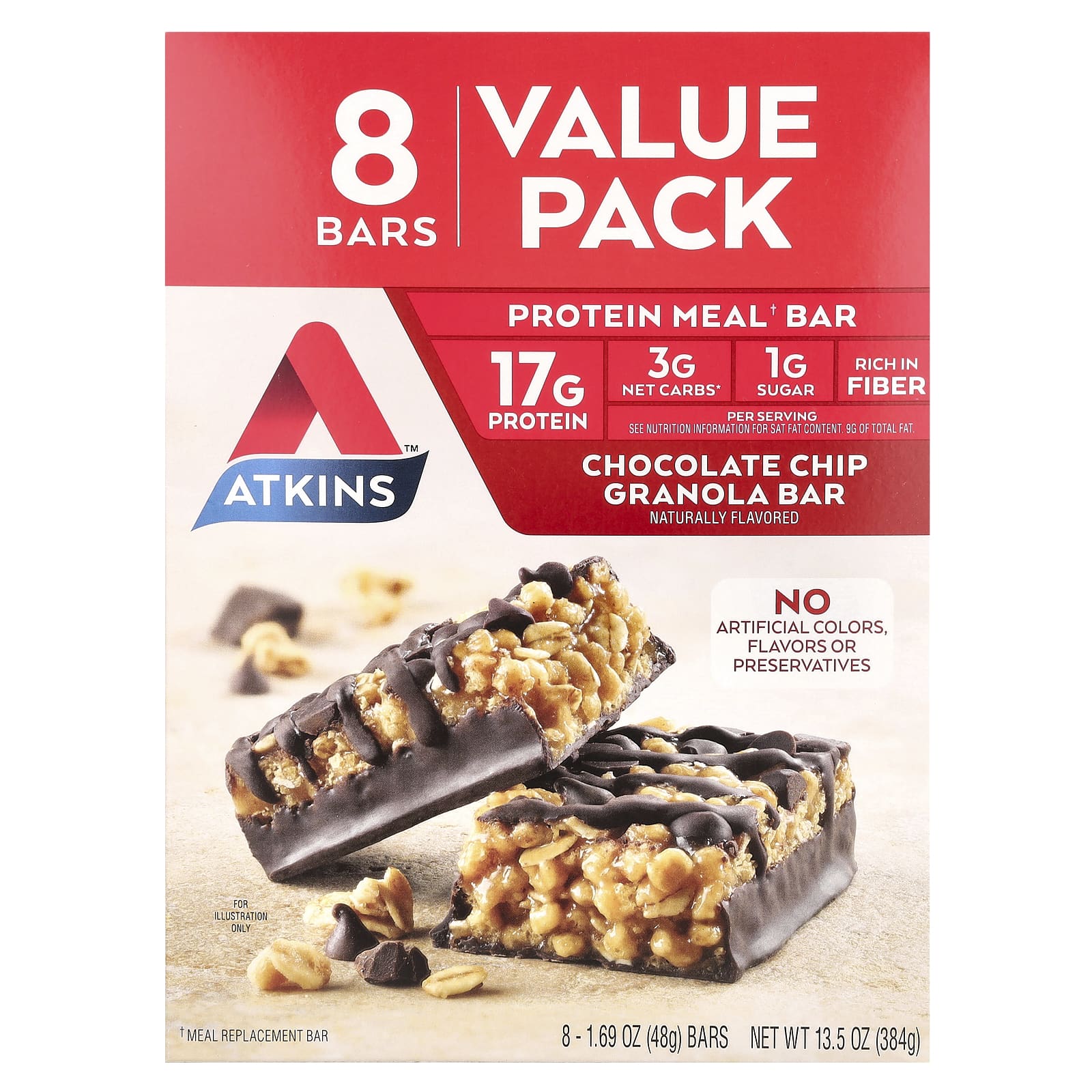 Шоколад Atkins Protein Meal Bar, вкус Chocolate Chip Granola, 48 г, 8 шт., батончик — фото 2