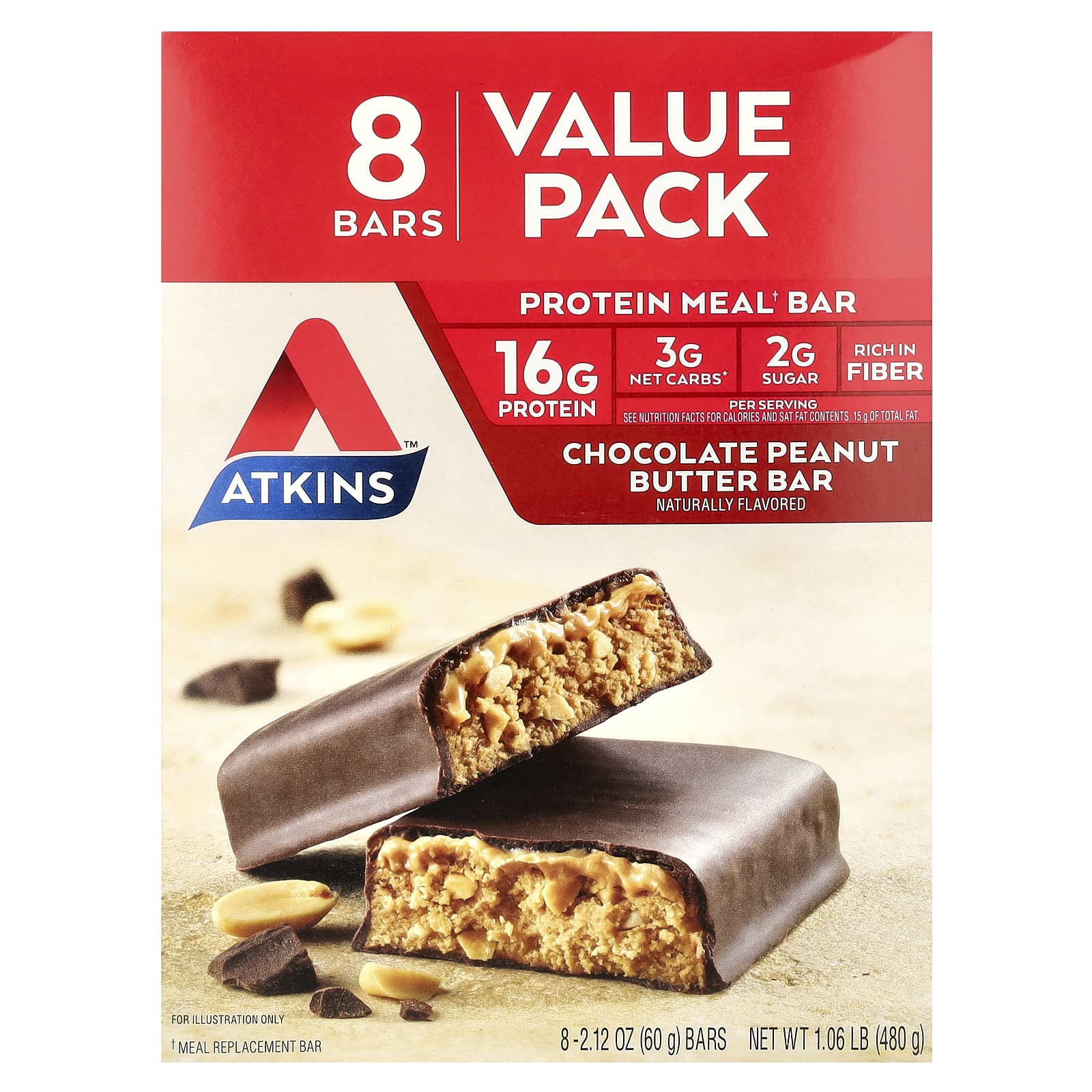Арахисовая паста Atkins Protein Meal Bar, вкус Chocolate Peanut Butter, 60 г, 8 шт., батончик