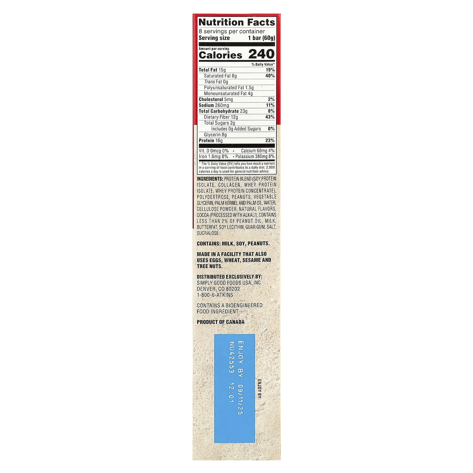 Арахисовая паста Atkins Protein Meal Bar, вкус Chocolate Peanut Butter, 60 г, 8 шт., батончик — фото 2