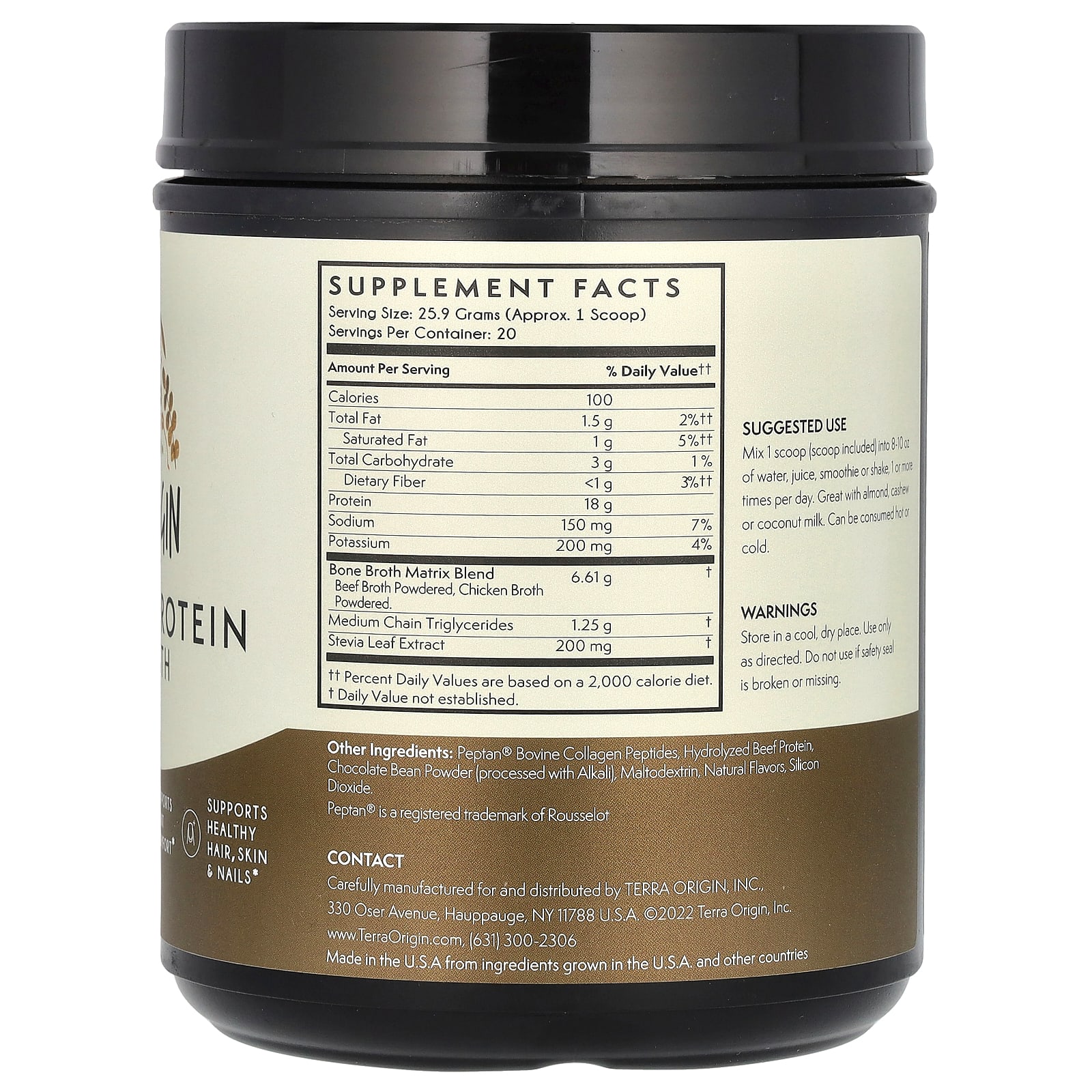 Шоколад Terra Origin Collagen Protein Bone Broth, вкус Chocolate, 518 г — фото 2
