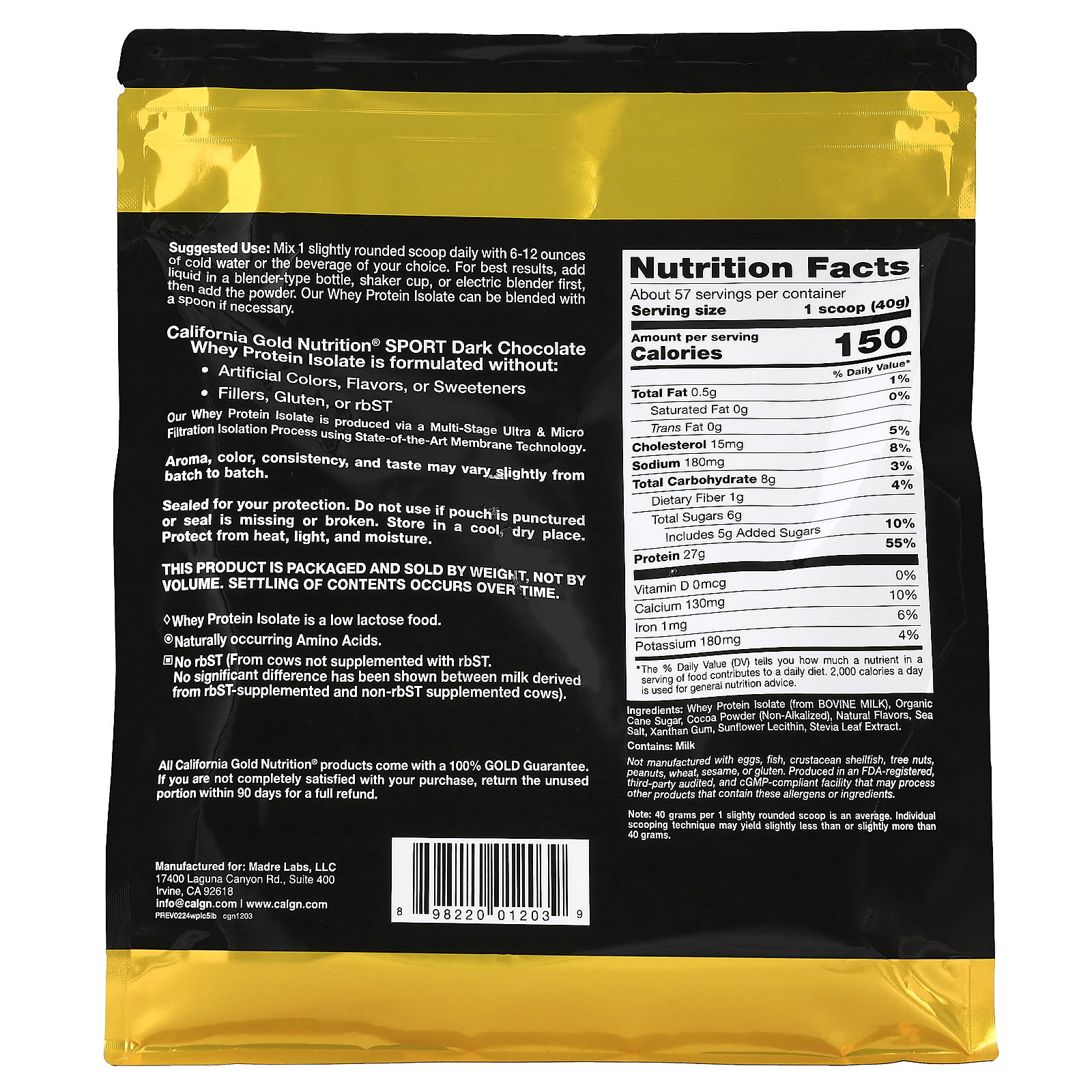 Темный шоколад California Gold Nutrition Sport Whey Protein Isolate, вкус Dark Chocolate, 2.27 кг — фото 6