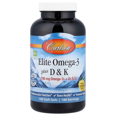 Омега-3 Carlson Elite Plus D & K, вкус Natural Lemon, 180 мягких капсул