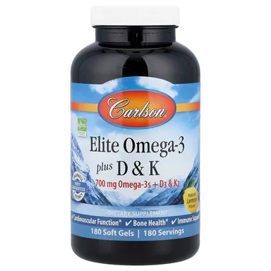 Фото товара: Омега-3 Carlson Elite Plus D & K, вкус «натуральный лимон», 180 мягких капсул