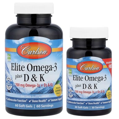Омега-3 Carlson Elite Plus D & K, вкус Natural Lemon, 90 мягких капсул