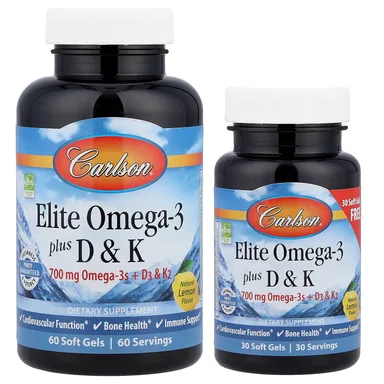 Фото товара: Омега-3 Carlson Elite Plus D & K, вкус «натуральный лимон», 90 мягких капсул
